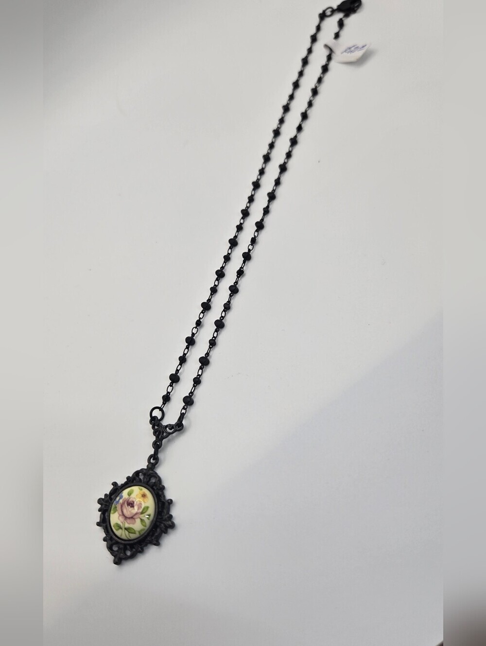 Black Floral Necklace With A Rose Pendant Handmade Artisan Jewelry